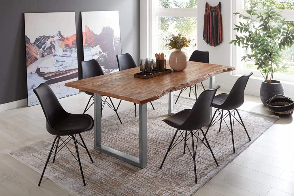 Essgruppe 160 cm Mango naturfarben U-Gestell silber mit 6 Stühlen NORINA itemprop=