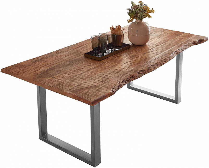 Essgruppe 160 cm Mango naturfarben U-Gestell silber mit 6 Stühlen NORINA itemprop=