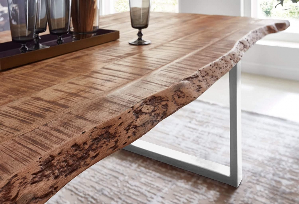 Essgruppe 160 cm Mango naturfarben U-Gestell silber mit 6 Stühlen NORINA itemprop=