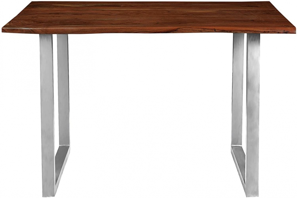  Esstisch Baumkante massiv Akazie nussbaum 110x75 cm U-Gestell Silber INSA itemprop=
