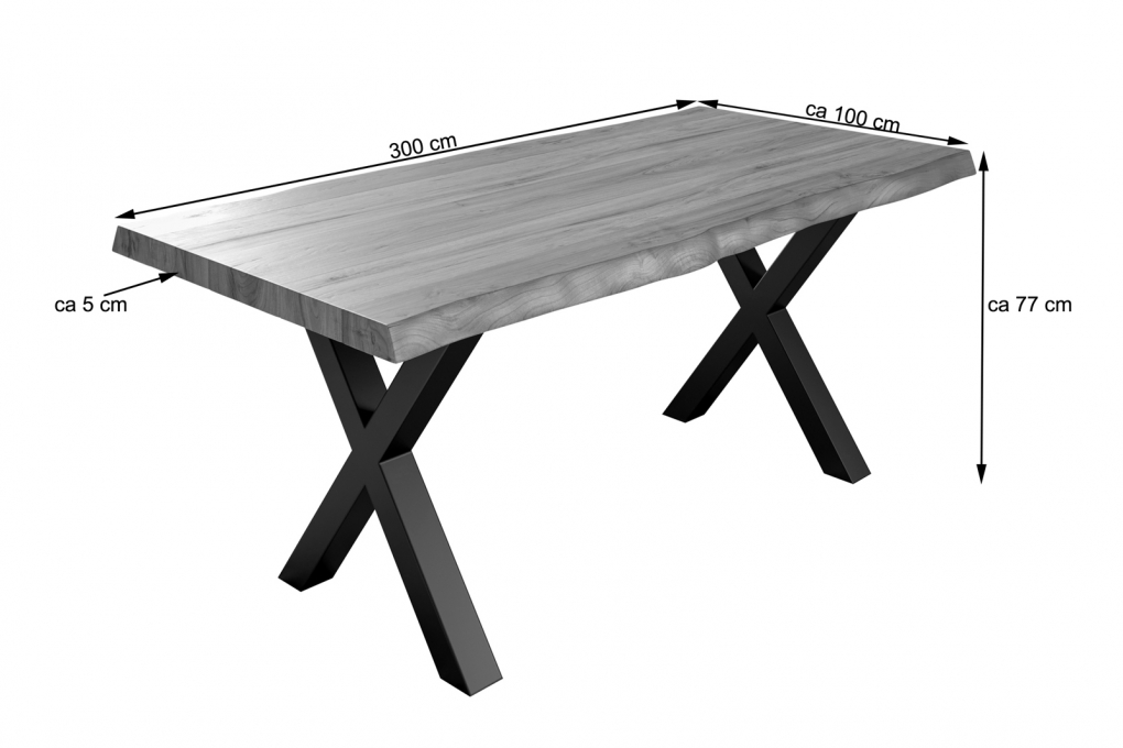  Esstisch Baumkante massiv Akazie natur 300 x 100 schwarz X-Gestell XEREZ itemprop=