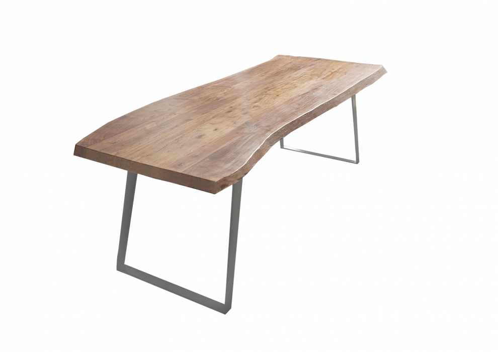 Esstisch Baumkante Akazie natur 180 x 90 schräges U-Gestell silber HALMSTAD itemprop=