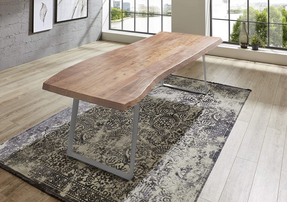 Esstisch Baumkante Akazie natur 180 x 90 schräges U-Gestell silber HALMSTAD itemprop=