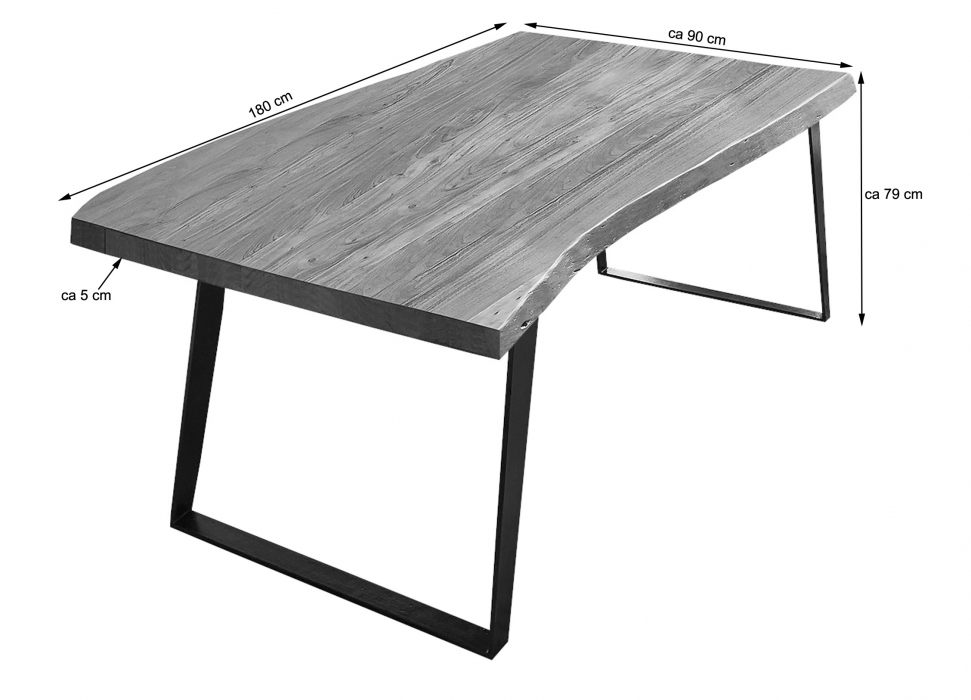 Esstisch Baumkante Akazie nussbaum 180 x 90 schräges U-Gestell silber HALMSTAD itemprop=