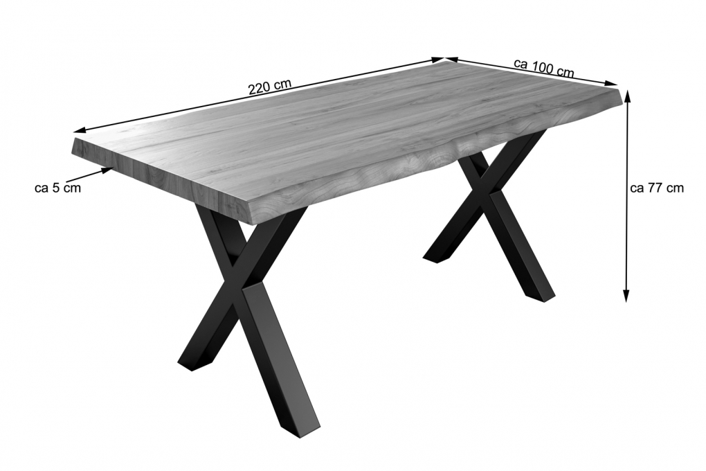  Esstisch Baumkante massiv Akazie natur 220 x 100 schwarz X-Gestell XEREZ itemprop=