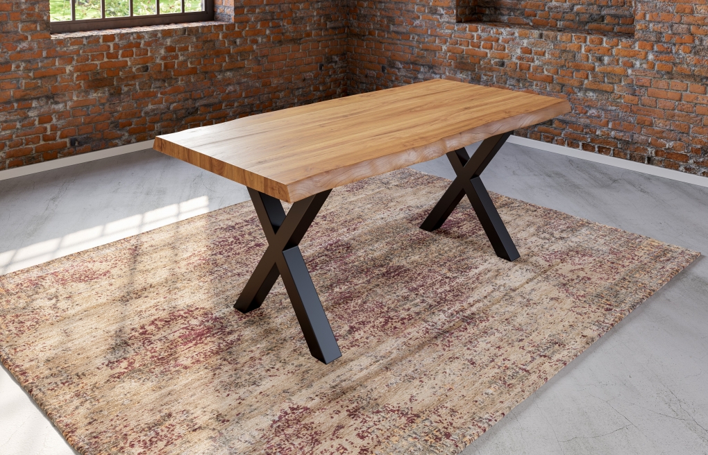  Esstisch Baumkante massiv Akazie natur 220 x 100 schwarz X-Gestell XEREZ itemprop=