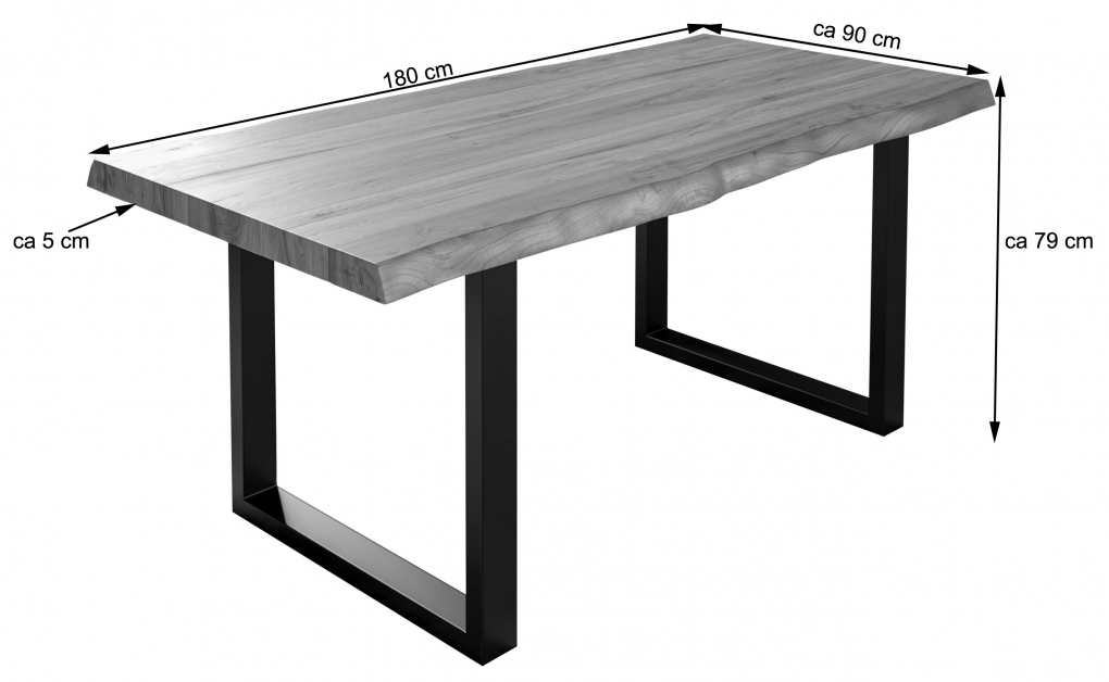 Esstisch Baumkante Massiv Akazie naturfarben 180x90 U-Gestell schwarz UTRECHT itemprop=