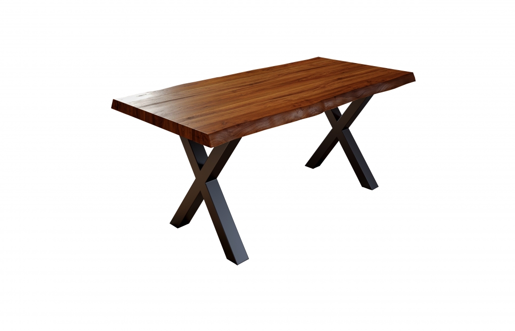  Esstisch Baumkante massiv Akazie nussbaumfarben 180 x 90 schwarz X-Gestell XEREZ itemprop=