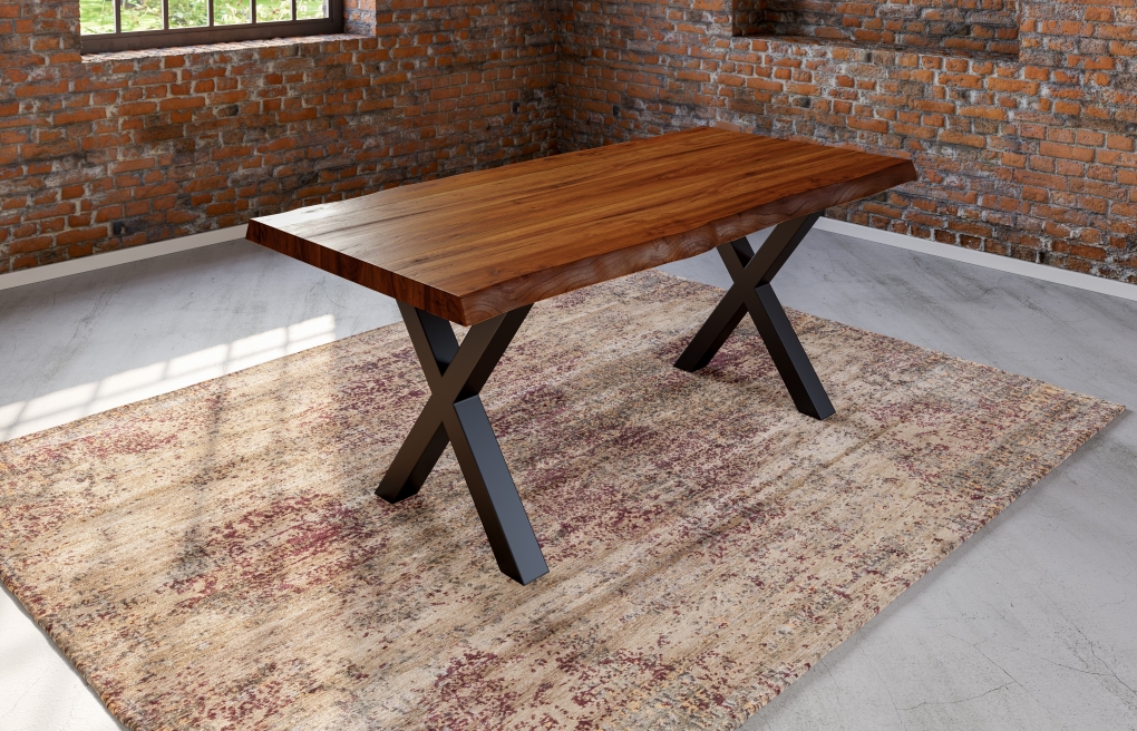  Esstisch Baumkante massiv Akazie nussbaumfarben 180 x 90 schwarz X-Gestell XEREZ itemprop=