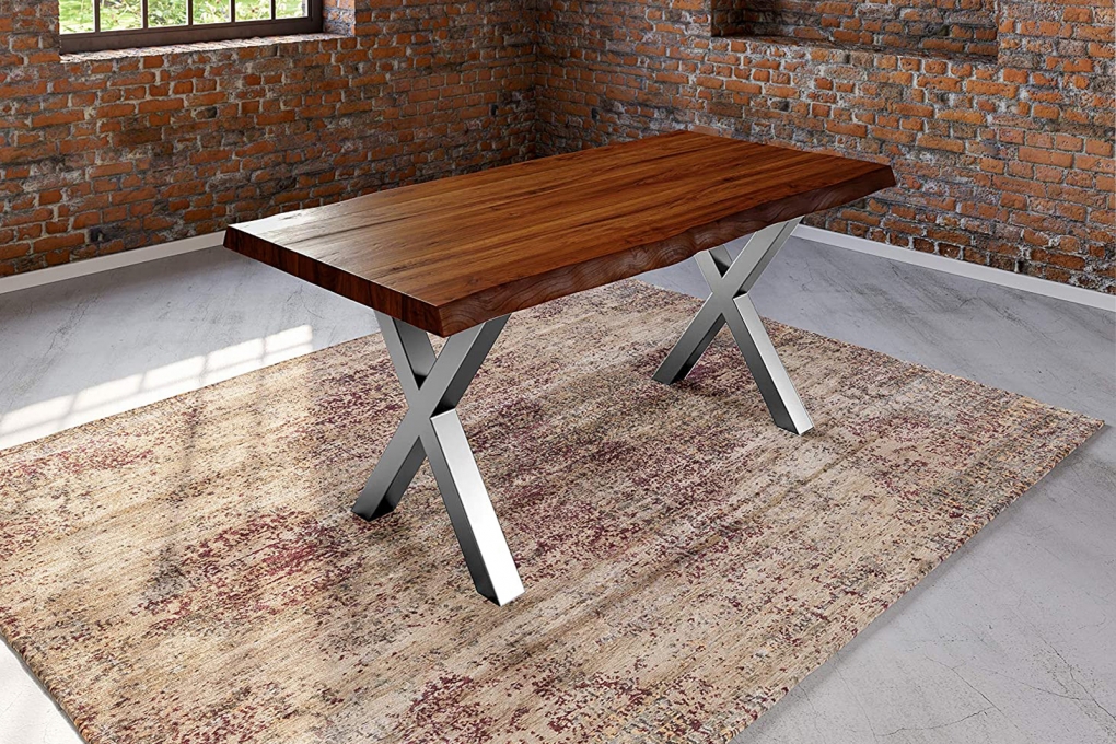 Esstisch Baumkante massiv Akazie nussbaumfarben 180 x 90 silber X-Gestell XEREZ itemprop=