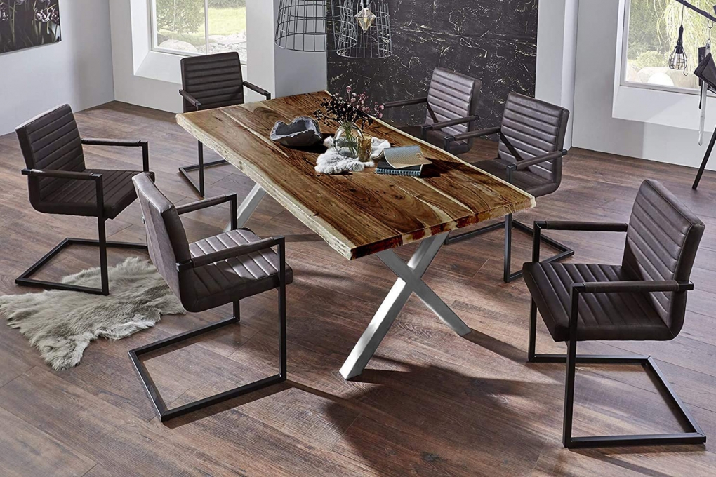  Esstisch Baumkante massiv Akazie nussbaumfarben 180 x 90 silber X-Gestell XEREZ itemprop=