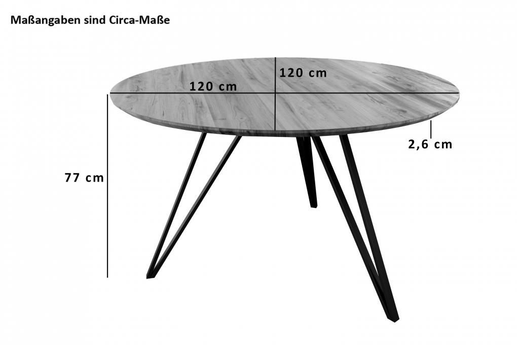 Runder Esszimmertisch Akazie nussbaum Schweizer Kante 120 cm Metallfuß  INSA itemprop=
