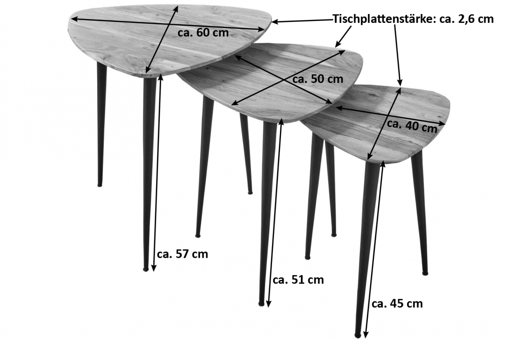 Beistelltisch-Set Akazie 40x40, 50x50 & 60x60 cm natur schwarz ELSA itemprop=