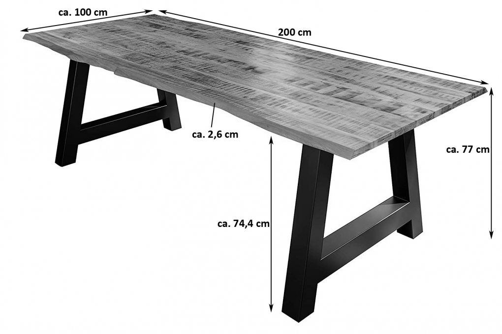 Essgruppe 200 cm Mango naturfarben A-Gestell silber mit 6 Stühlen DORA itemprop=