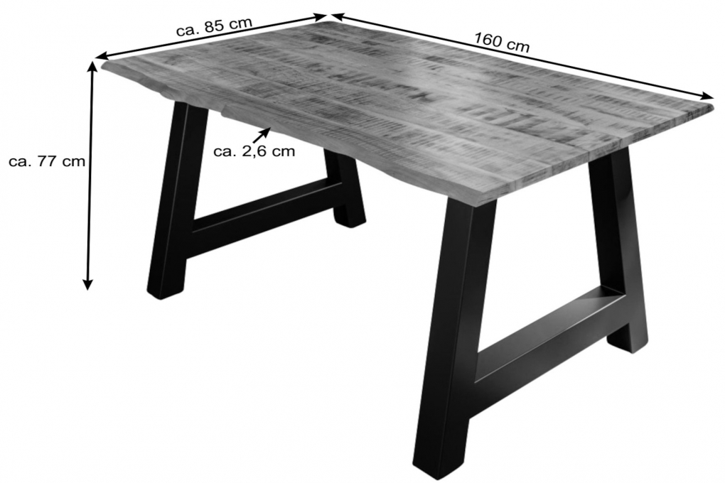 Essgruppe 160 cm Mango naturfarben A-Gestell schwarz mit 6 Stühlen DORA itemprop=