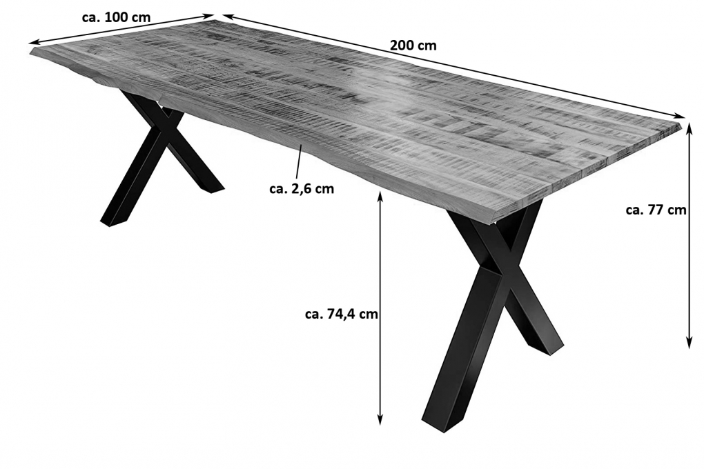 Essgruppe 200 cm Mango naturfarben X-Gestell silber mit 6 Stühlen DORA itemprop=