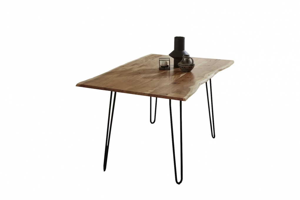 Esstisch Baumkante massiv Akazie natur 80x80 Hairpin-Gestell schwarz HANNAH itemprop=