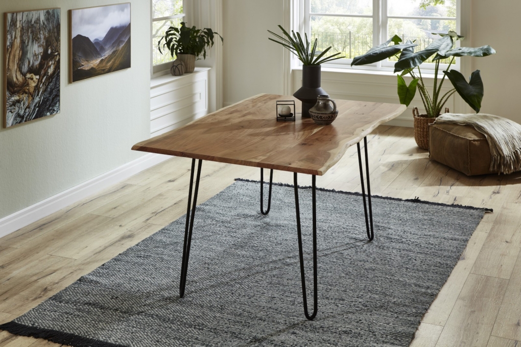 Esstisch Baumkante massiv Akazie natur 80x80 Hairpin-Gestell schwarz HANNAH itemprop=