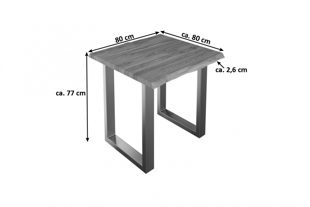 Esstisch Baumkante massiv Akazie stone 80 x 80 cm silber LAUREN itemprop=