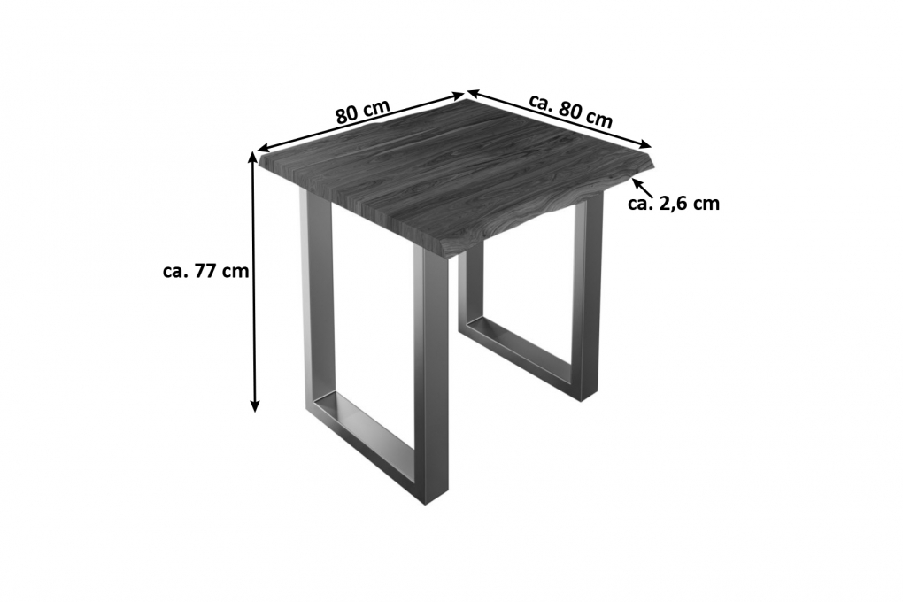 Esstisch Baumkante massiv Akazie nougat 80 x 80 cm silber LAUREN itemprop=