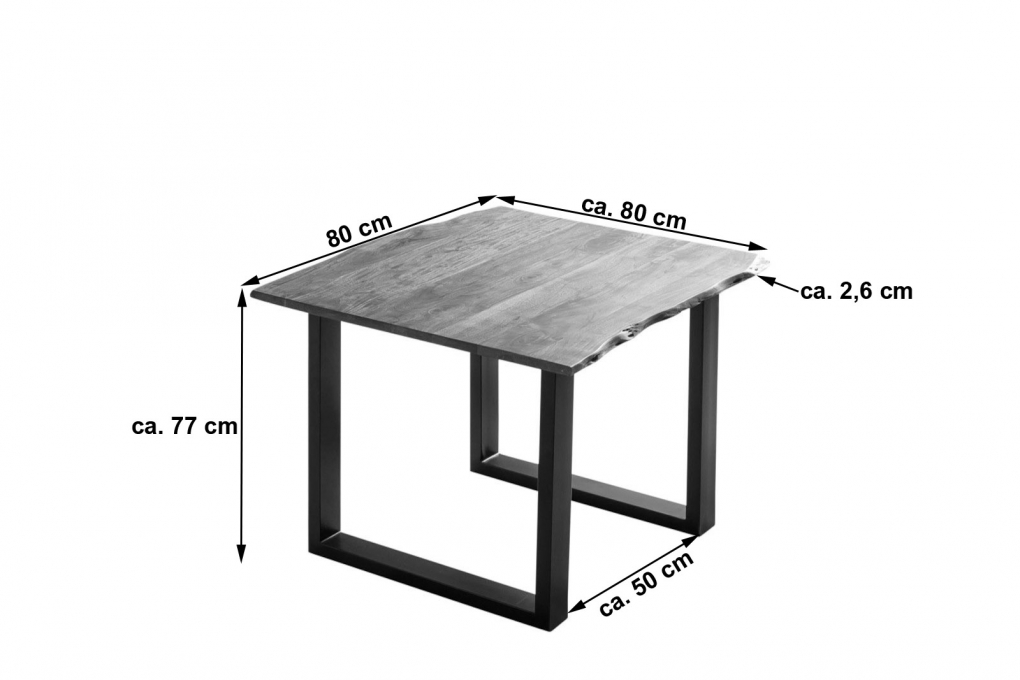 Esstisch Baumkante massiv Akazie stonefarben 80 x 80 cm schwarz LAURINA itemprop=