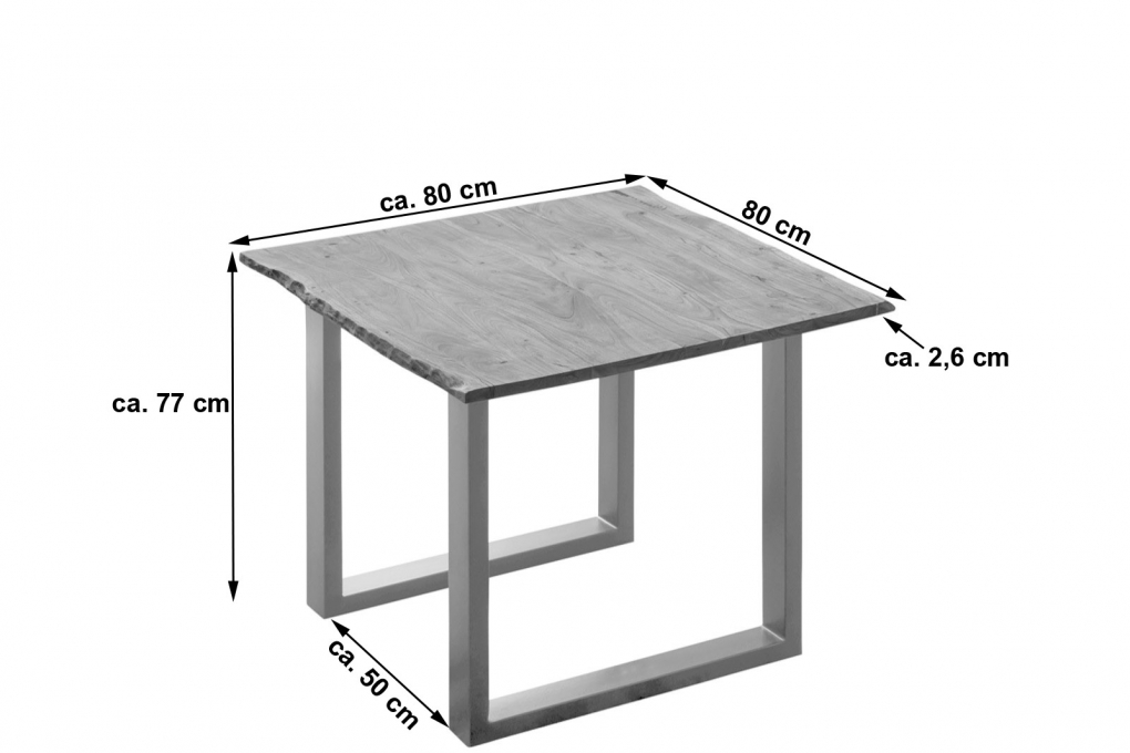 Esstisch Baumkante massiv Akazie stonefarben 80 x 80 cm silber LAURINA itemprop=