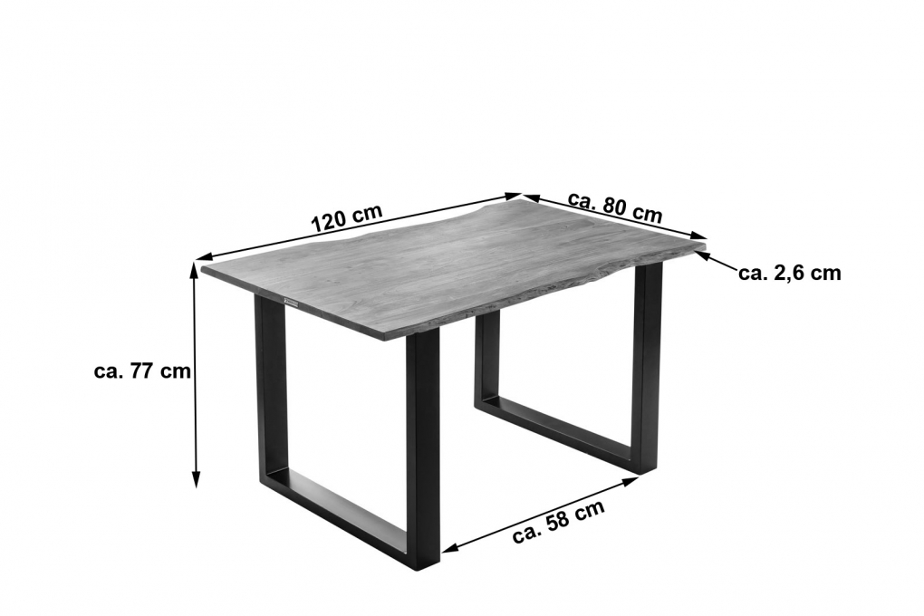 Esstisch Baumkante massiv Akazie stonefarben 120 x 80 cm schwarz LAURINA itemprop=