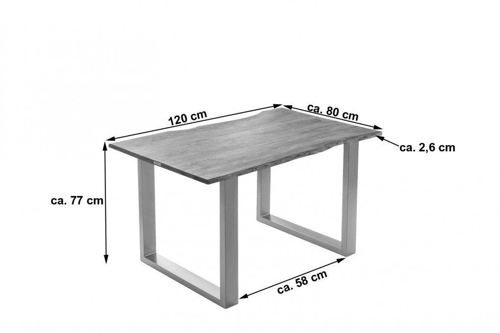 Esstisch Baumkante massiv Akazie stonefarben 120 x 80 cm silber LAURINA itemprop=