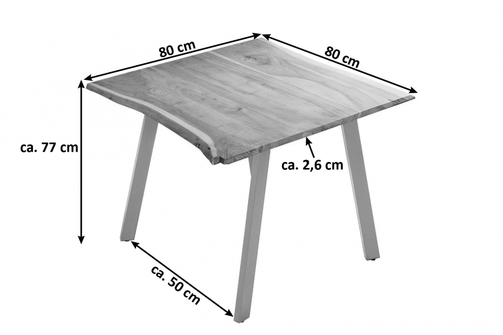 Esstisch Baumkante massiv Akazie naturfarben 80 x 80 cm silber LAXMI itemprop=