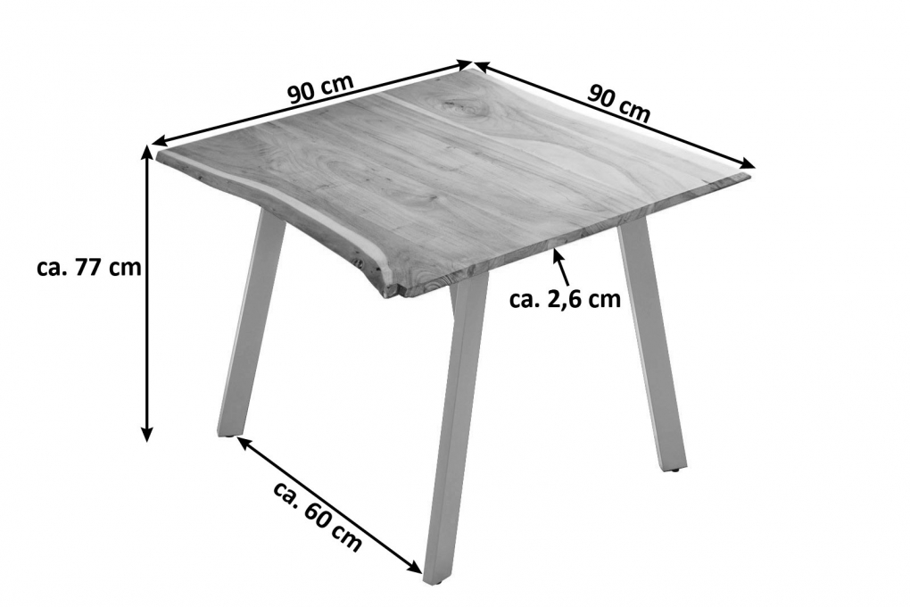 Esstisch Baumkante massiv Akazie naturfarben 90 x 90 cm silber LAXMI itemprop=