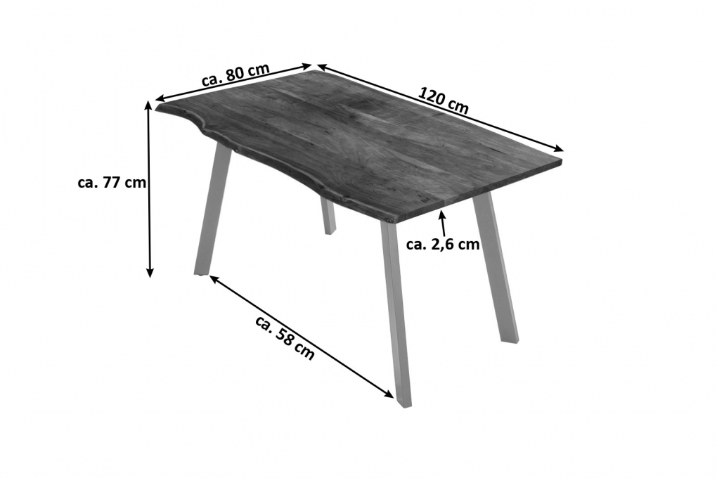 Esstisch Baumkante massiv Akazie nussbaumfarben 120 x 80 cm silber LAXMI itemprop=