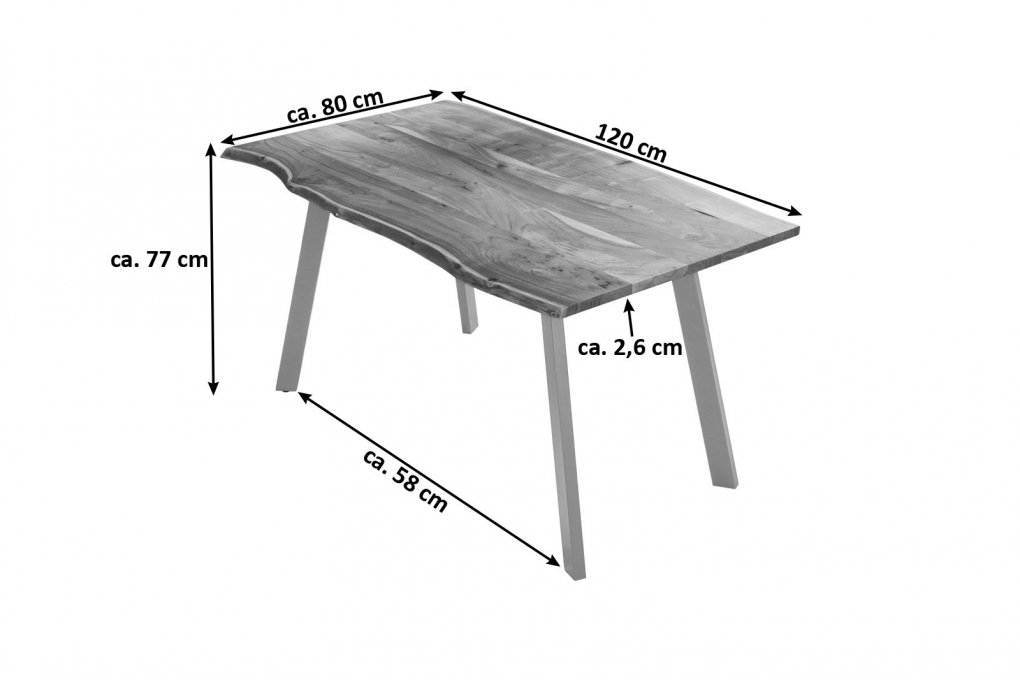 Esstisch Baumkante massiv Akazie naturfarben 120 x 80 cm silber LAXMI itemprop=