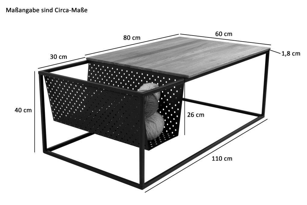 Couchtisch Industrial-Design Wildeiche massiv 110x60 cm schwarz DARI itemprop=