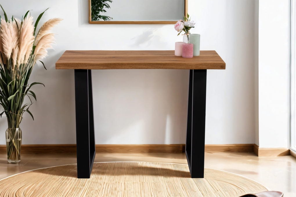 Konsolentisch  Baumkante Industrial-Design Wildeiche massiv 100x40 cm schwarz GERDA itemprop=
