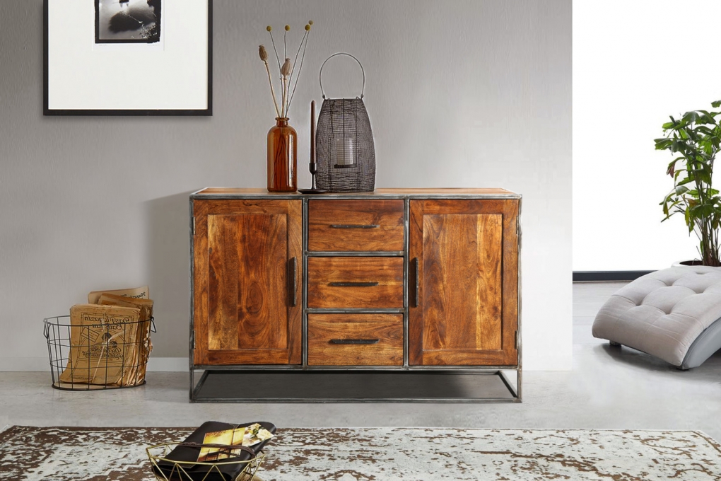 Sideboard Lowboard 150 x 90 x 40 cm Akazienholz nougatfarben OKLAHOMA itemprop=