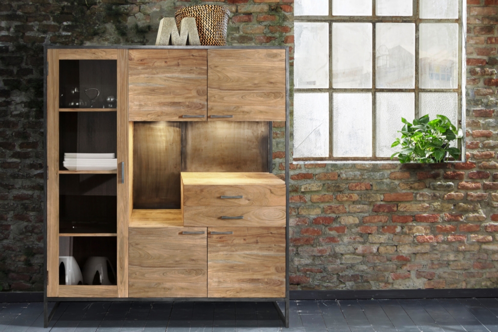 Highboard 139 x 160 x 40 cm Akazienholz massiv stonefarben SYDNEY itemprop=