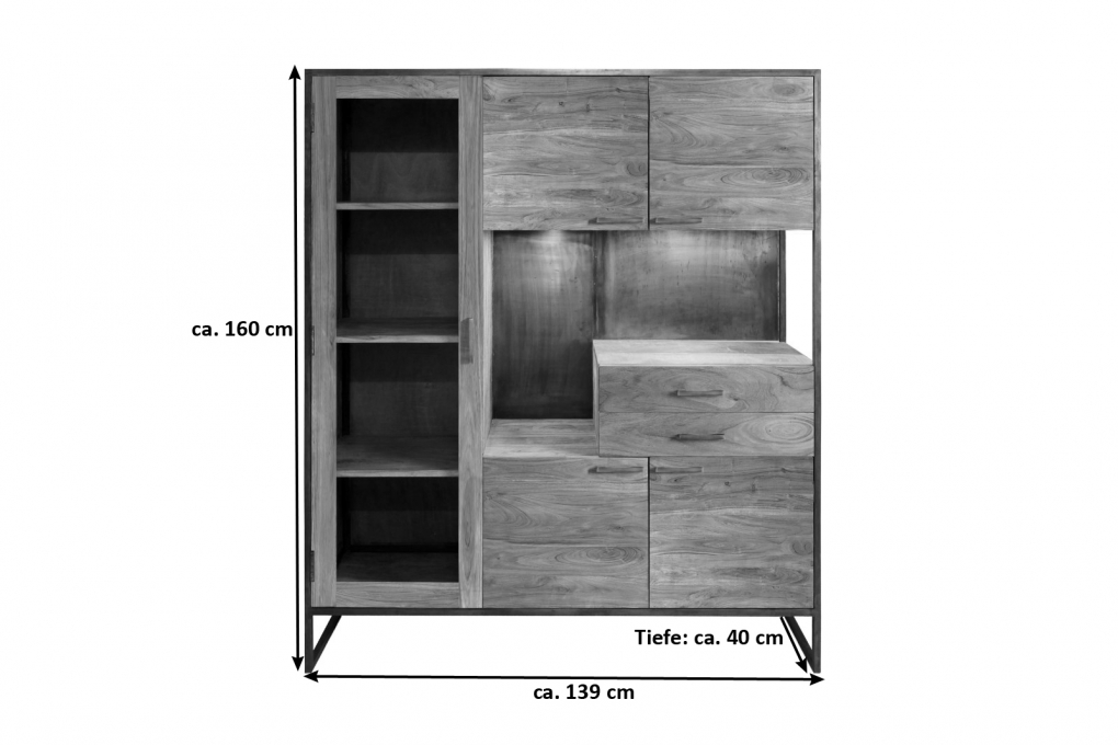 Highboard 139 x 160 x 40 cm Akazienholz massiv stonefarben SYDNEY itemprop=