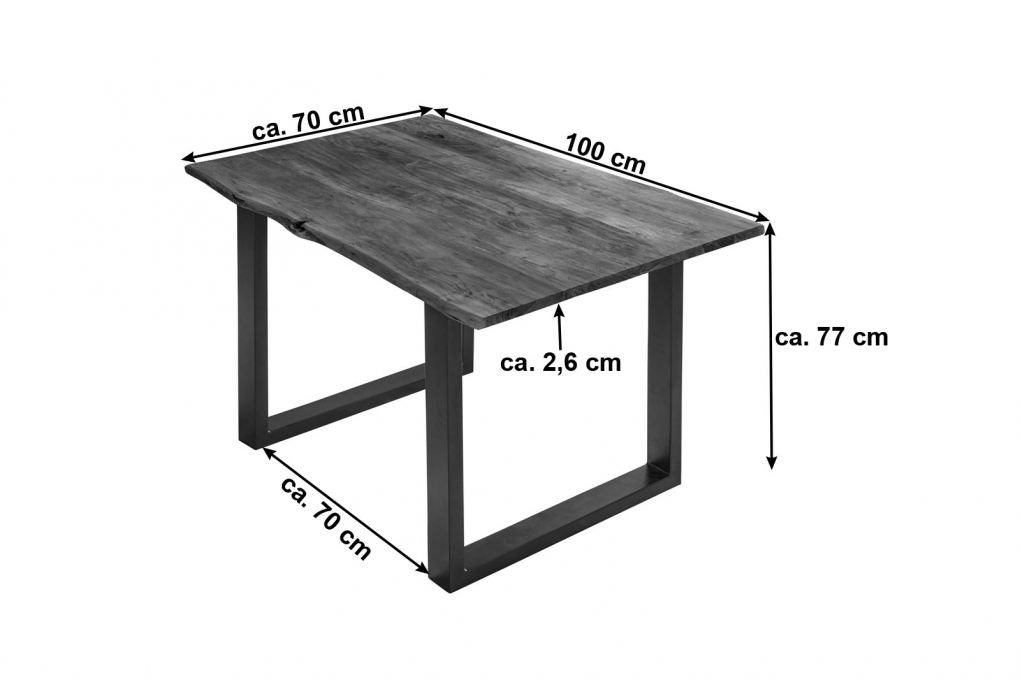 Esstisch Baumkante massiv Akazie nussbaumfarben 100 x 70 cm schwarz U-Gestell BILLY itemprop=