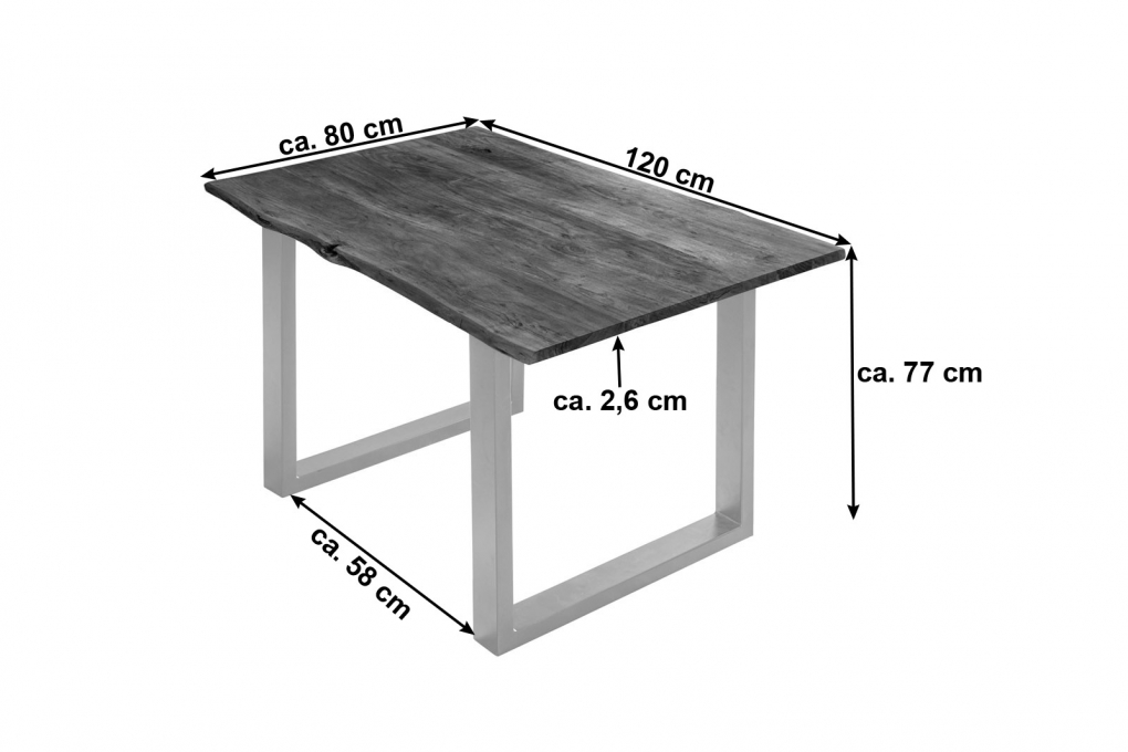 Esstisch Baumkante massiv Akazie nussbaumfarben 120 x 80 cm silber U-Gestell BILLY itemprop=