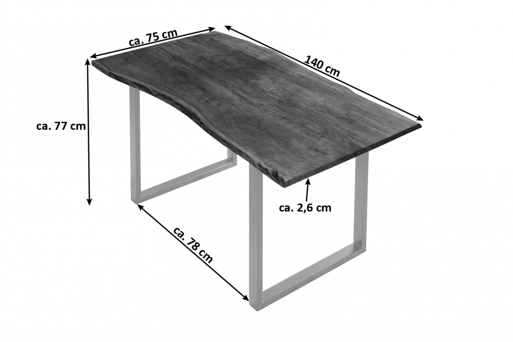 Esstisch Baumkante massiv Akazie nussbaumfarben 140 x 75 cm silber U-Gestell BILLY itemprop=