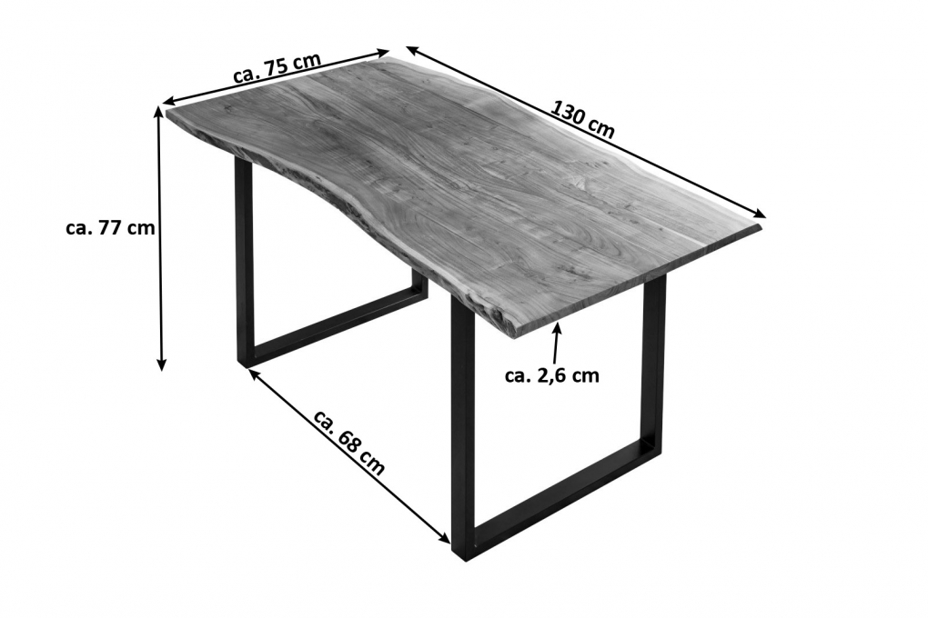 Esstisch Baumkante massiv Akazie naturfarben 130 x 75 cm schwarz U-Gestell BILLY itemprop=