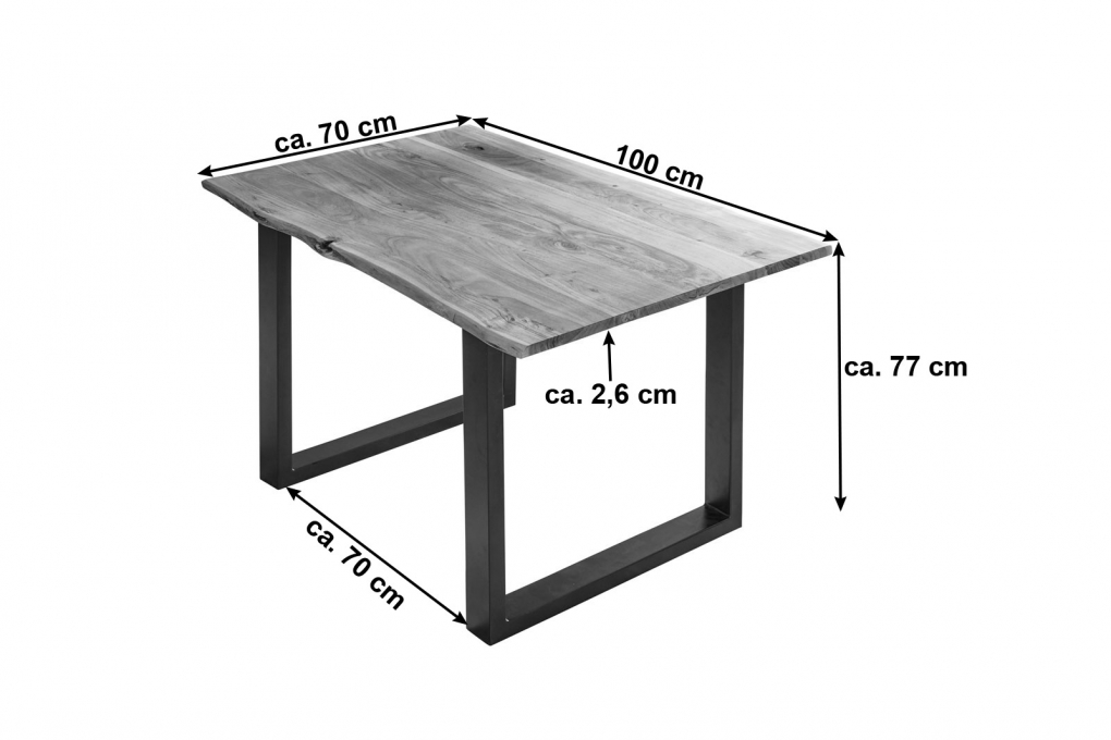 Esstisch Baumkante massiv Akazie naturfarben 100 x 70 cm silber U-Gestell BILLY itemprop=