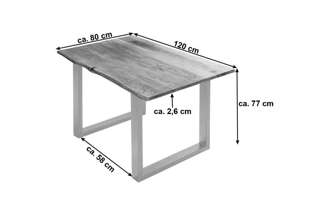 Esstisch Baumkante massiv Akazie naturfarben 120 x 80 cm silber U-Gestell BILLY itemprop=