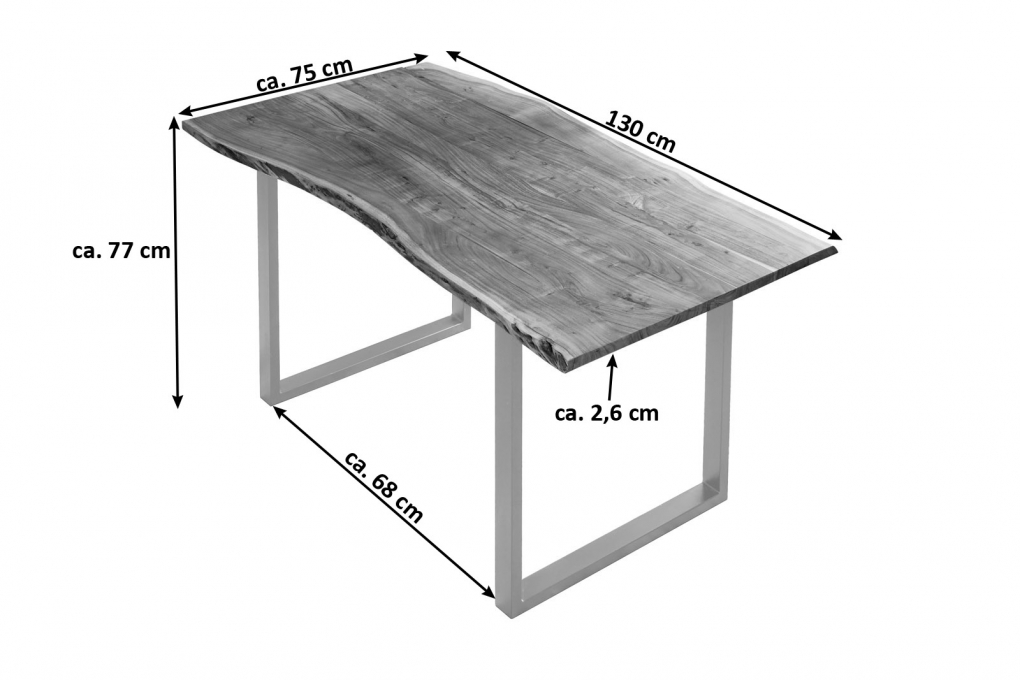 Esstisch Baumkante massiv Akazie naturfarben 130 x 75 cm silber U-Gestell BILLY itemprop=