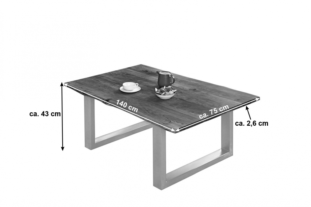 Couchtisch Baumkante massiv Akazie nussbaumfarben 140 x 75 cm silber BILLY itemprop=