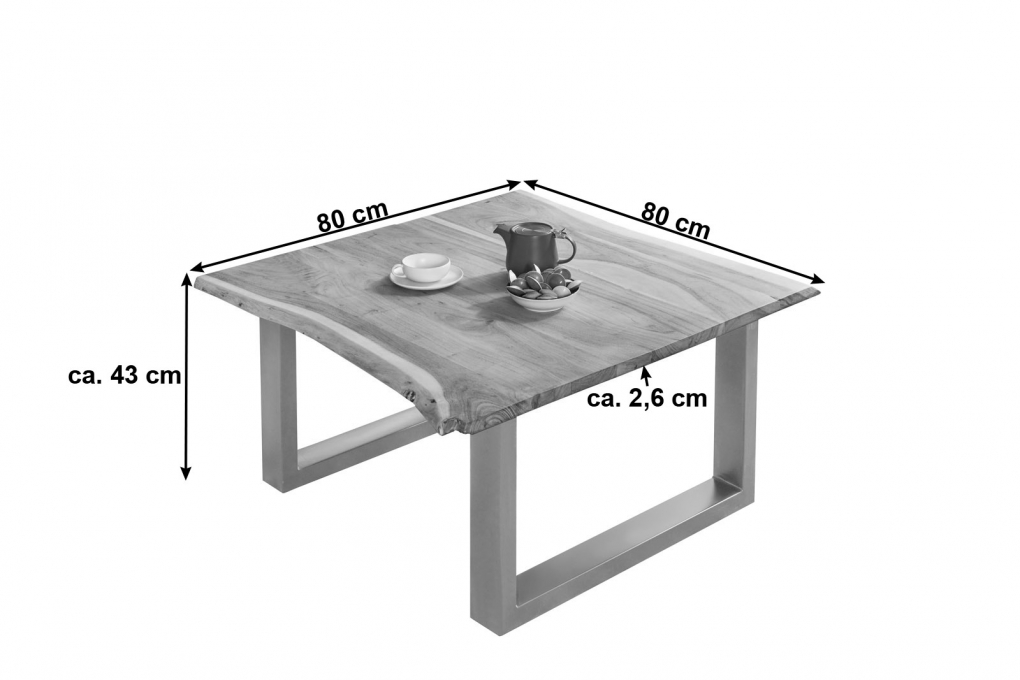 Couchtisch Baumkante massiv Akazie naturfarben 80 x 80 cm silber BILLY itemprop=