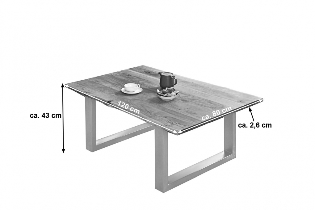 Couchtisch Baumkante massiv Akazie naturfarben 120 x 80 cm silber BILLY itemprop=