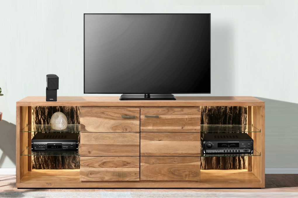Lowboard TV-Board 200 x 63 x 40 cm Akazienholz stonefarben KATI itemprop=