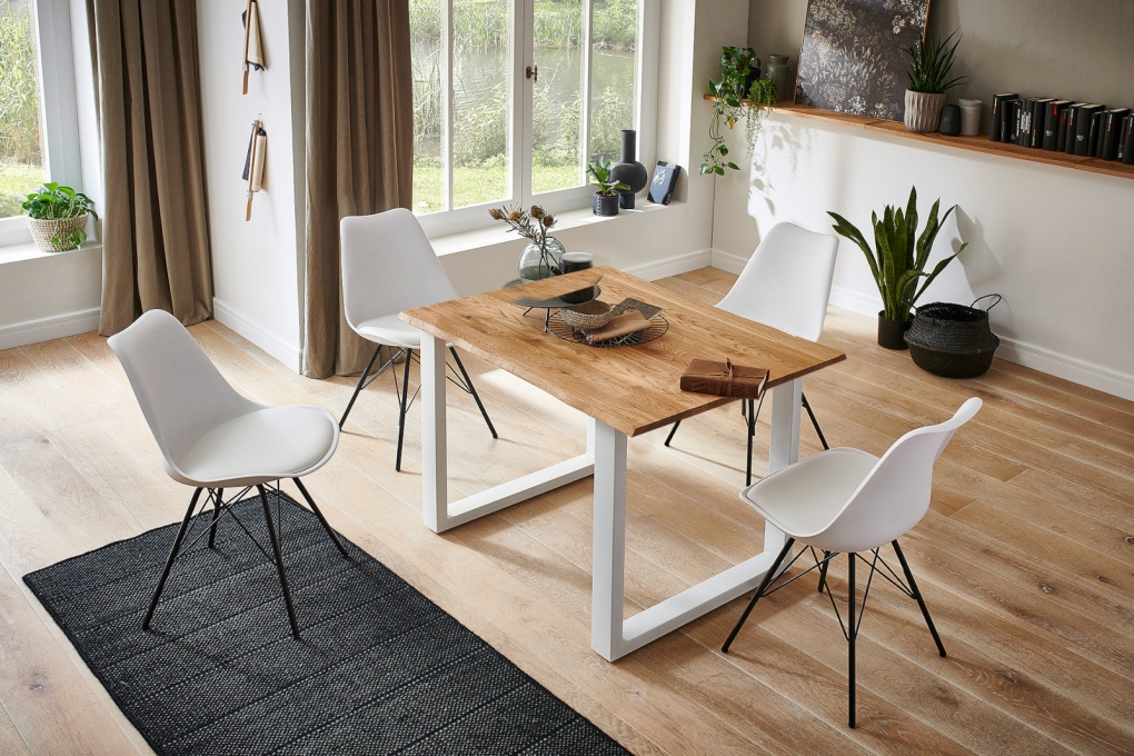  Esstisch Baumkante Massiv Wildeiche 80 x 80 weiß SESSA itemprop=