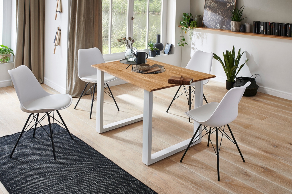  Esstisch Baumkante Massiv Wildeiche 80 x 80 weiß SESSA itemprop=